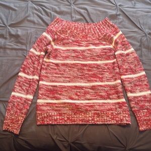Maurices S boat neck sweater red marl with white stripes and metallic thread